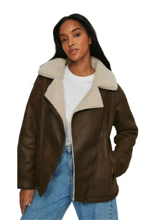 Amie Brown Sheepskin Aviator Shearling Leather Jacket