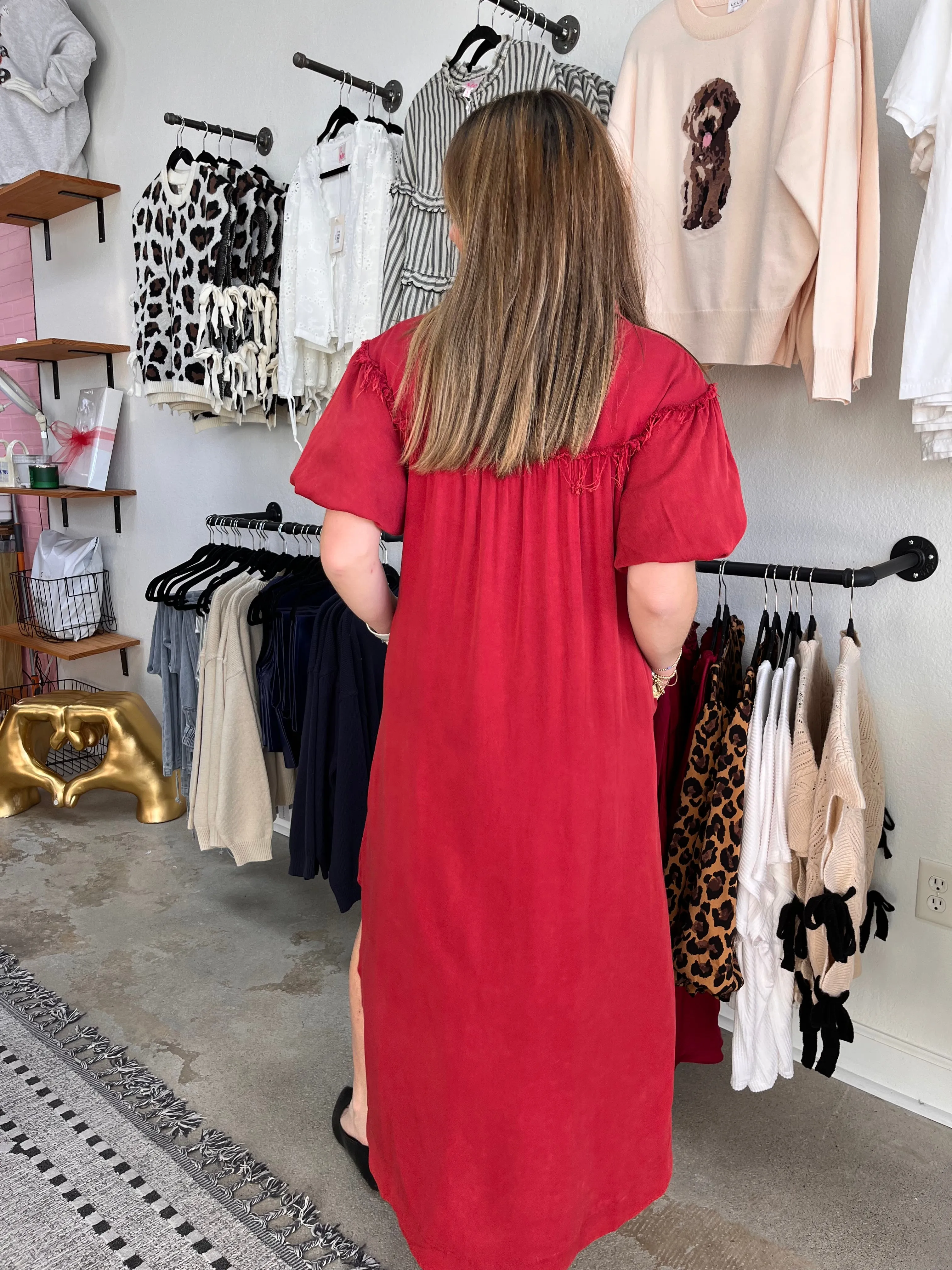 Annie Wear Mineral Washed Button Down Puff Sleeve Shirt Dress