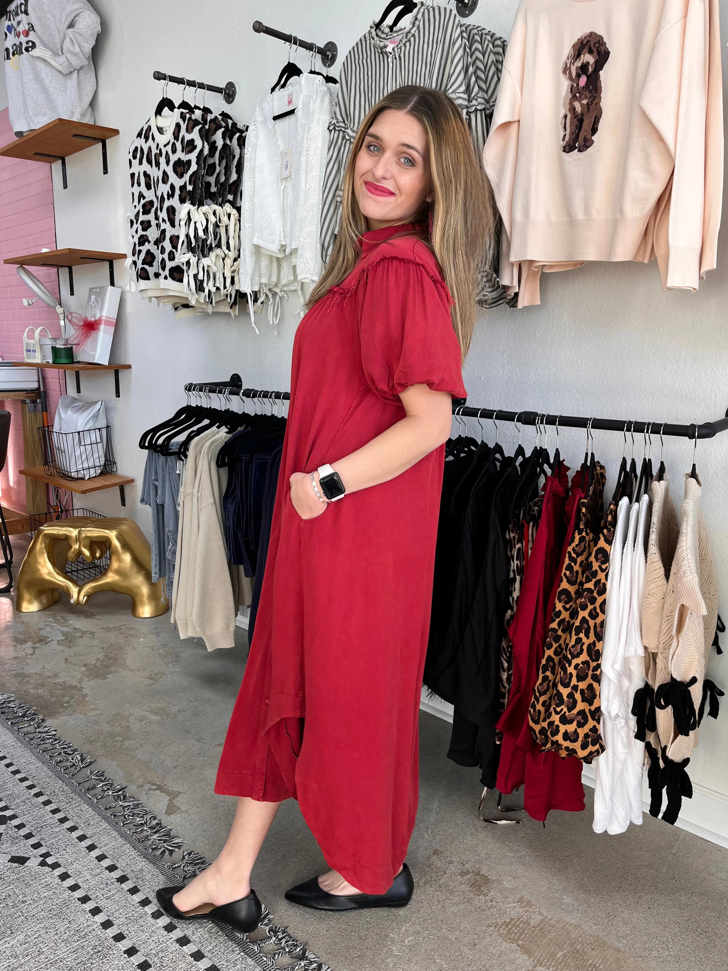 Annie Wear Mineral Washed Button Down Puff Sleeve Shirt Dress