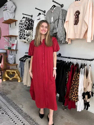 Annie Wear Mineral Washed Button Down Puff Sleeve Shirt Dress