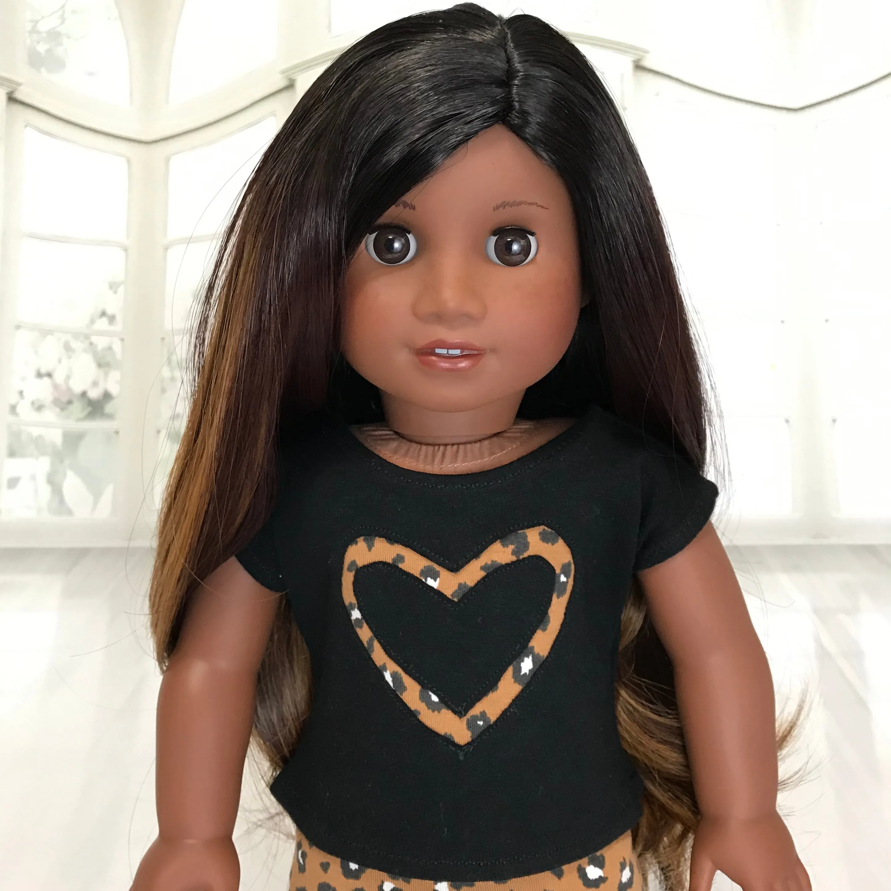 Black shirt with brown cheetah heart fit American girl doll