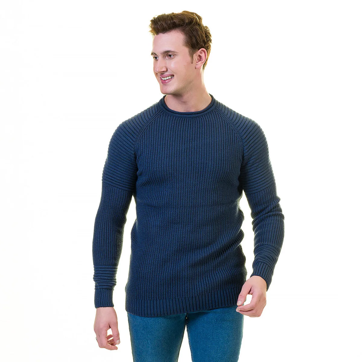 Blue Rounded Neck  European Wool Luxury Zippered With Sweater Jacket Warm Winter Tailor Fit