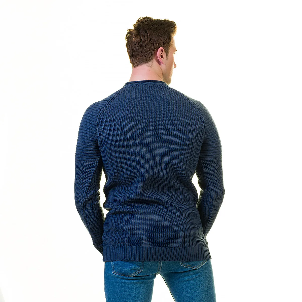 Blue Rounded Neck  European Wool Luxury Zippered With Sweater Jacket Warm Winter Tailor Fit