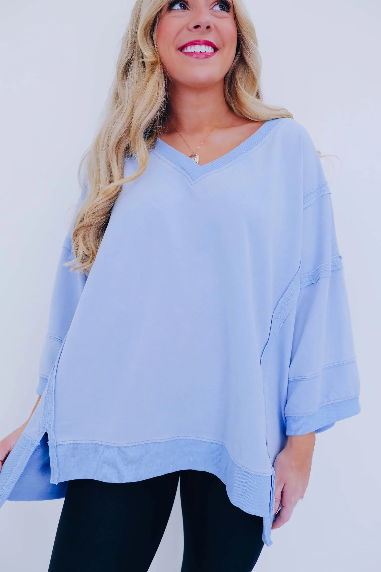 Brooks Bleach Washed V-Neck Top - Blue