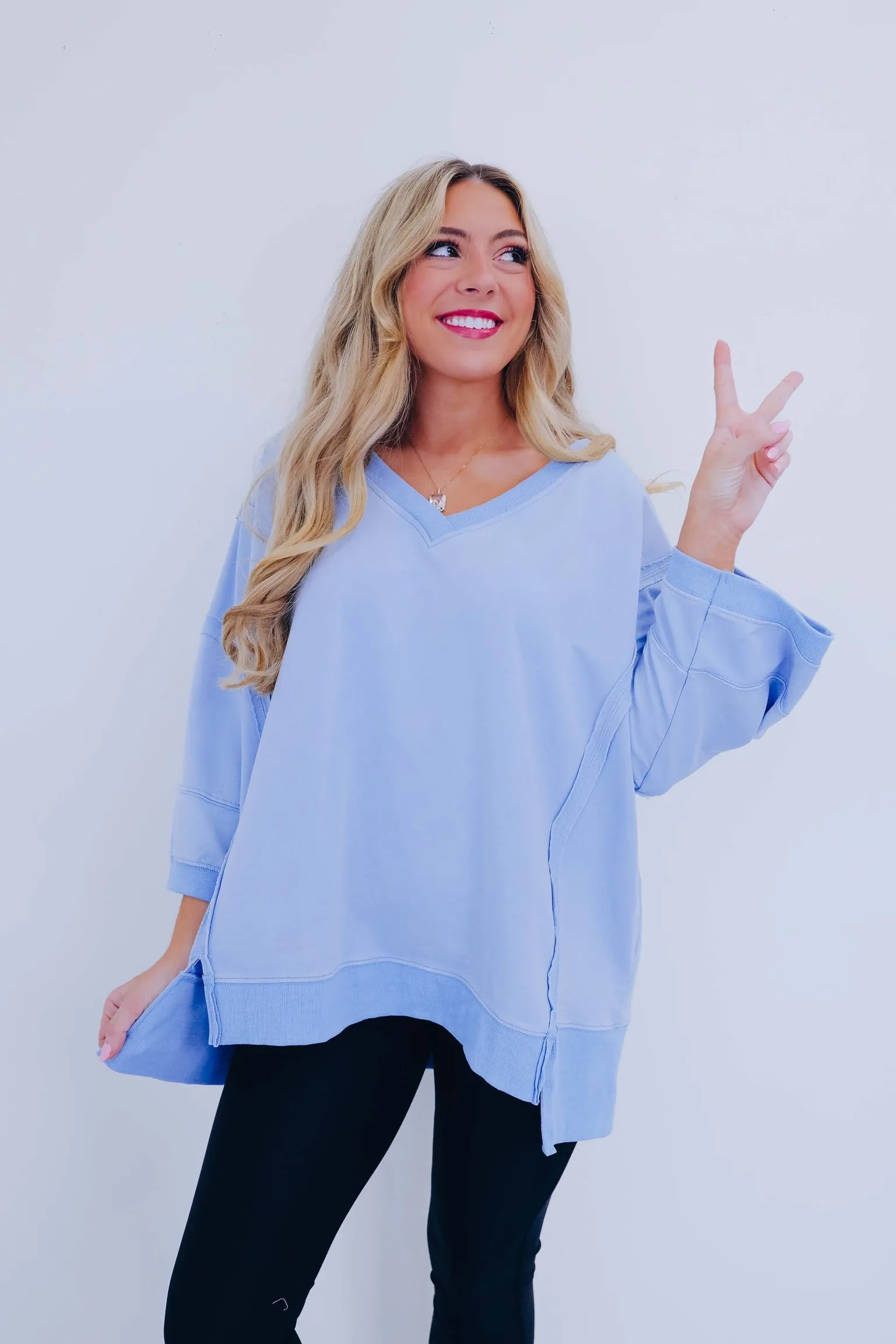 Brooks Bleach Washed V-Neck Top - Blue
