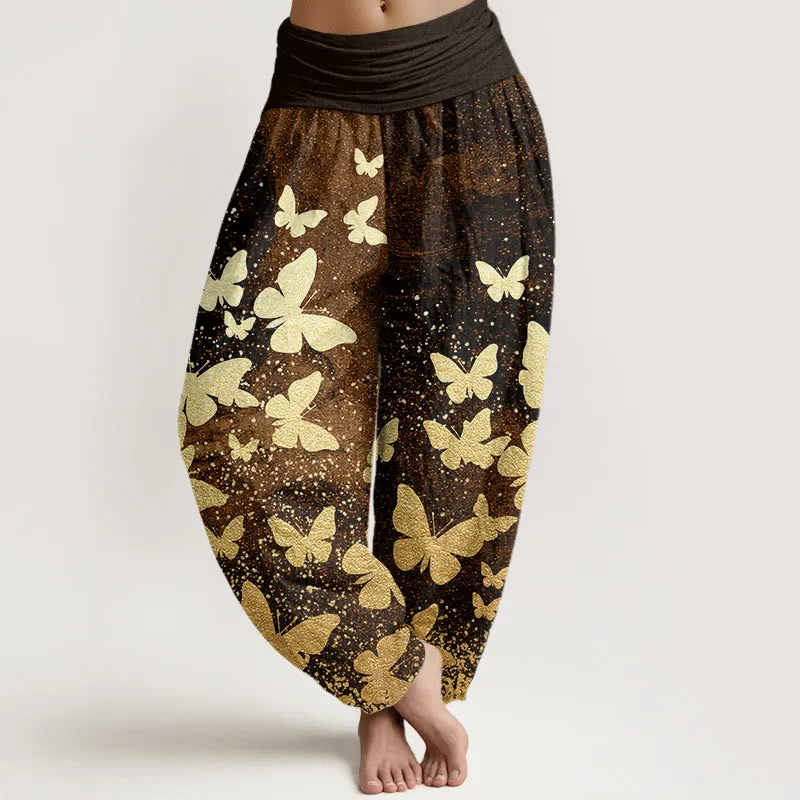 Buddha Stones Casual Golden Butterfly Pattern Women's Elastic Waist Harem Pants