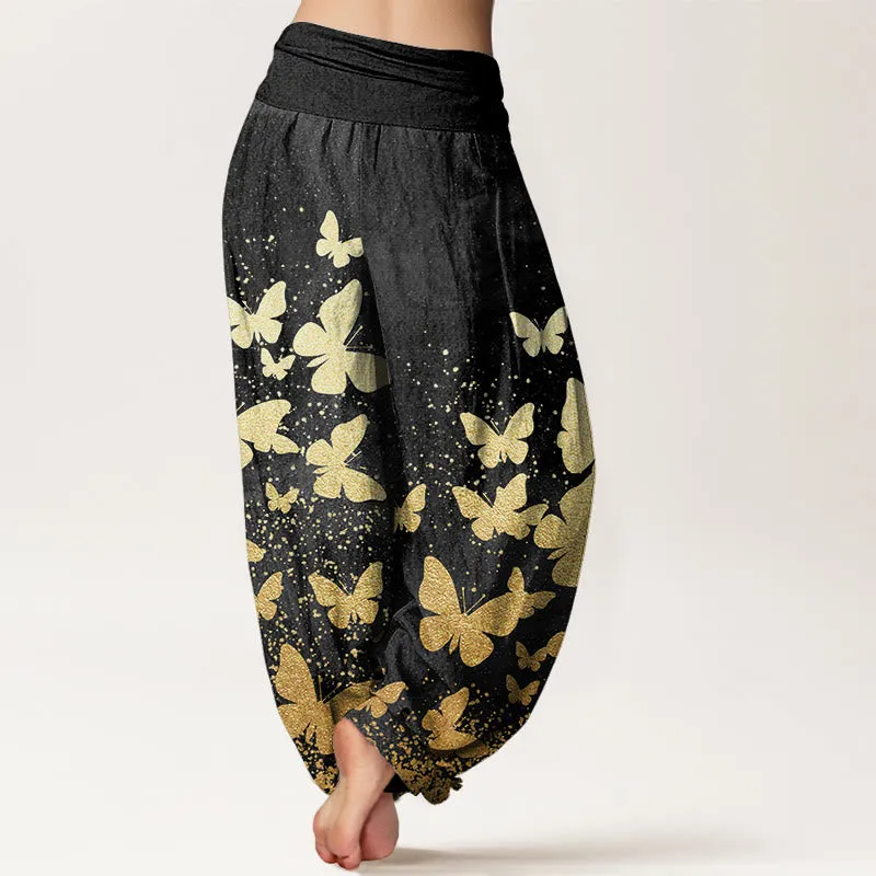 Buddha Stones Casual Golden Butterfly Pattern Women's Elastic Waist Harem Pants