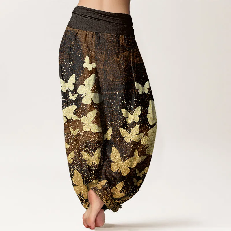 Buddha Stones Casual Golden Butterfly Pattern Women's Elastic Waist Harem Pants