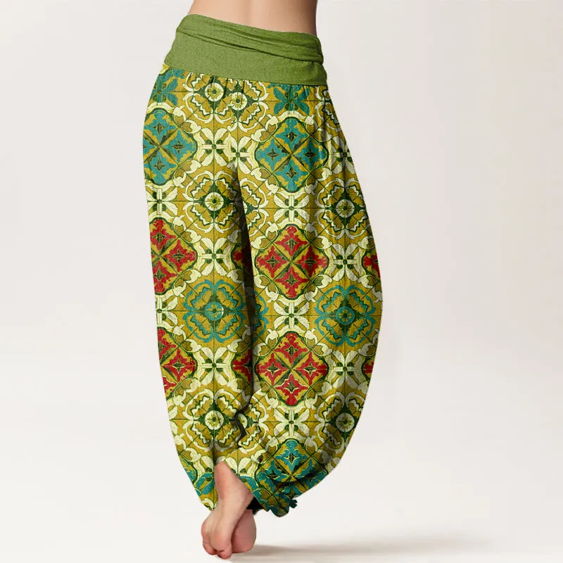 Buddha Stones Diamond Floral Design Women's Elastic Waist Harem Pants