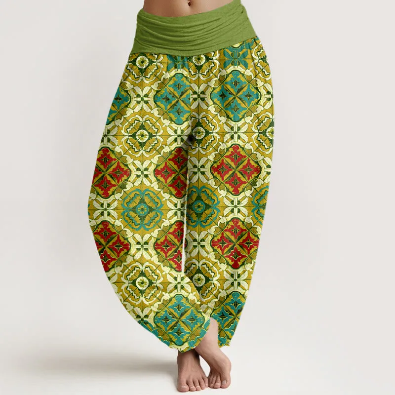 Buddha Stones Diamond Floral Design Women's Elastic Waist Harem Pants