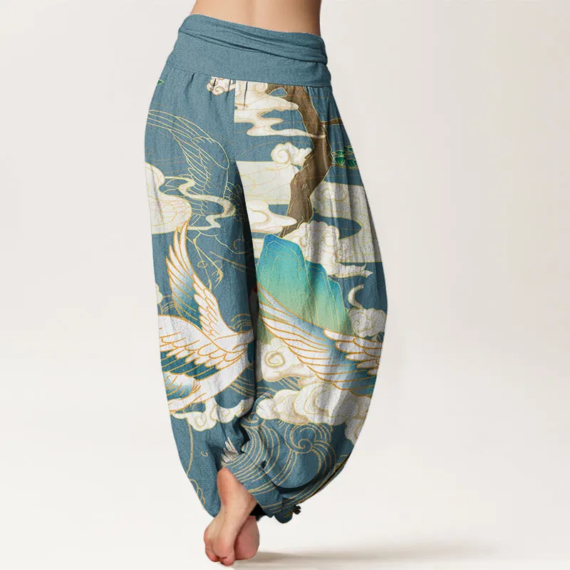 Buddha Stones Flying Cranes Auspicious Clouds Tree women's Elastic Waist Harem Pants