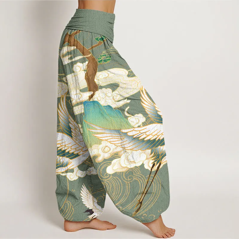 Buddha Stones Flying Cranes Auspicious Clouds Tree women's Elastic Waist Harem Pants