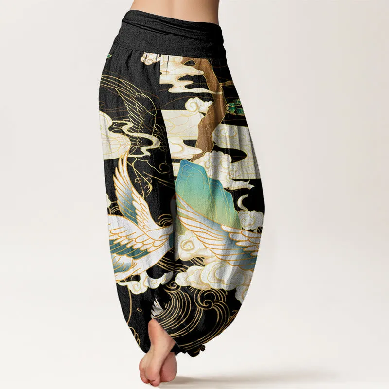 Buddha Stones Flying Cranes Auspicious Clouds Tree women's Elastic Waist Harem Pants