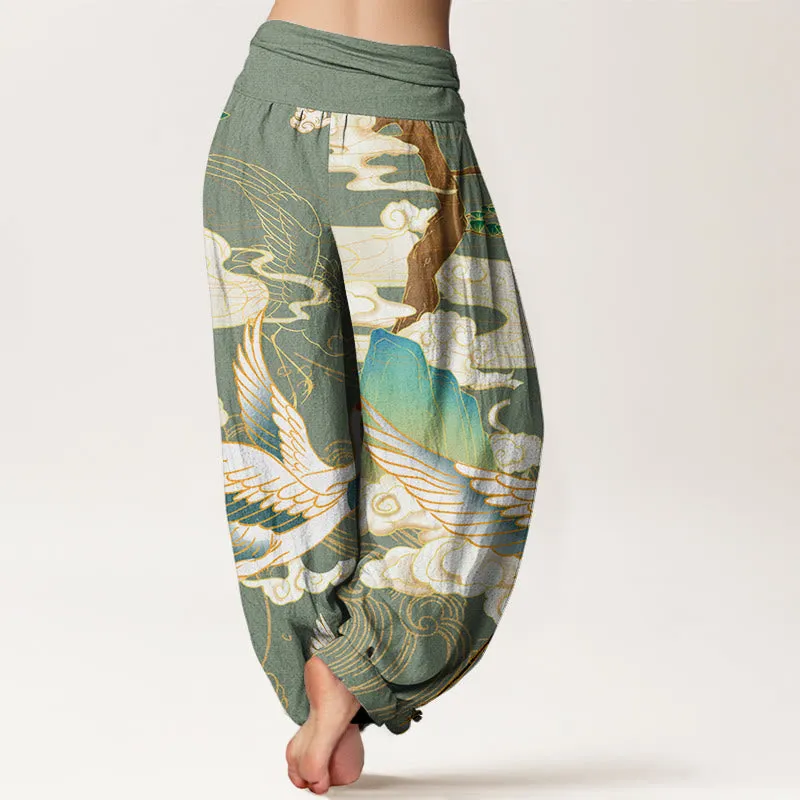 Buddha Stones Flying Cranes Auspicious Clouds Tree women's Elastic Waist Harem Pants