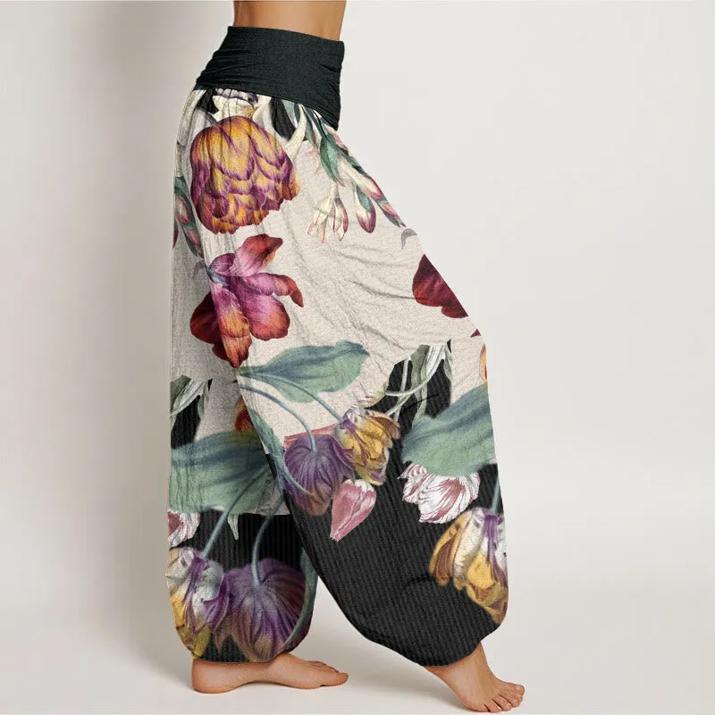 Buddha Stones Tulips Green Leaves Design Women's Elastic Waist Harem Pants