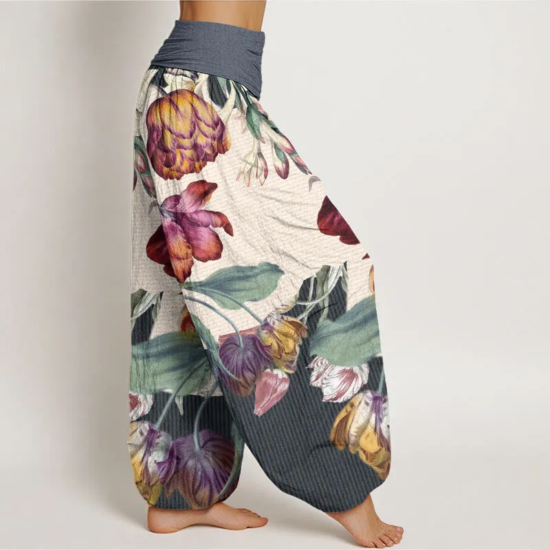 Buddha Stones Tulips Green Leaves Design Women's Elastic Waist Harem Pants