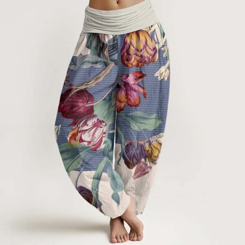 Buddha Stones Tulips Green Leaves Design Women's Elastic Waist Harem Pants