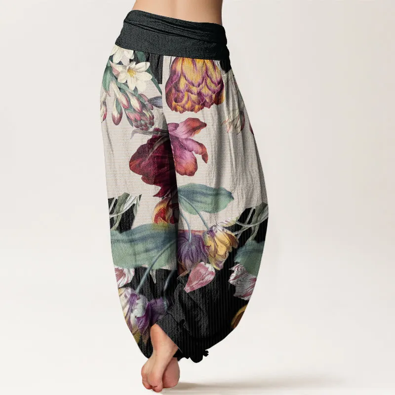 Buddha Stones Tulips Green Leaves Design Women's Elastic Waist Harem Pants