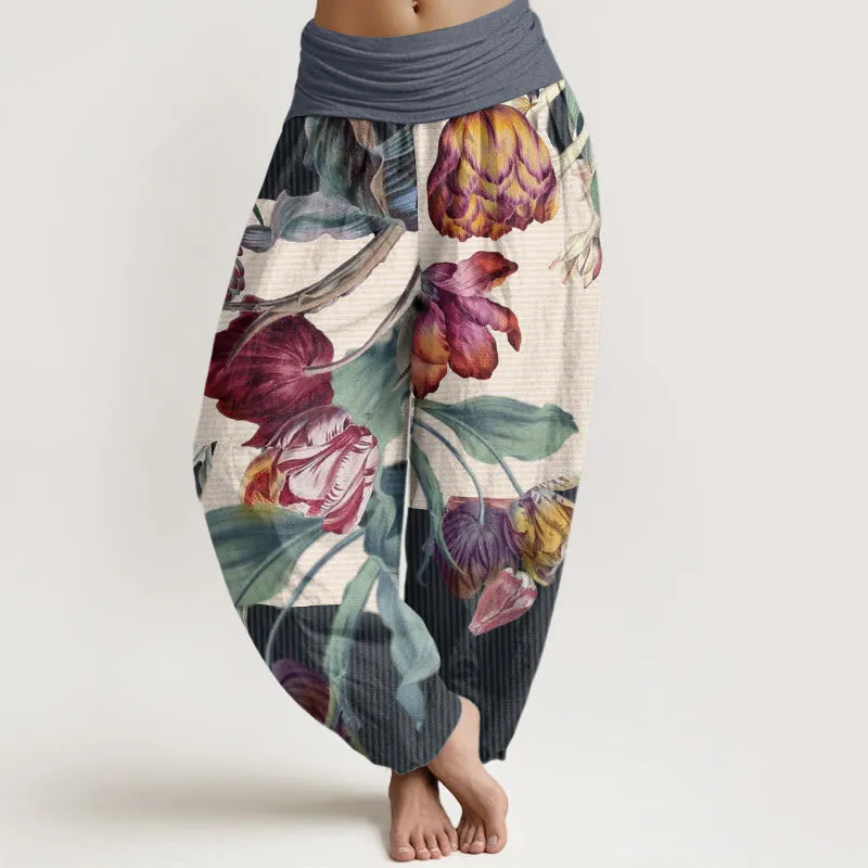 Buddha Stones Tulips Green Leaves Design Women's Elastic Waist Harem Pants