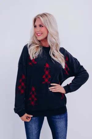 Buffalo Plaid Tree Patch Sweatshirt- Black