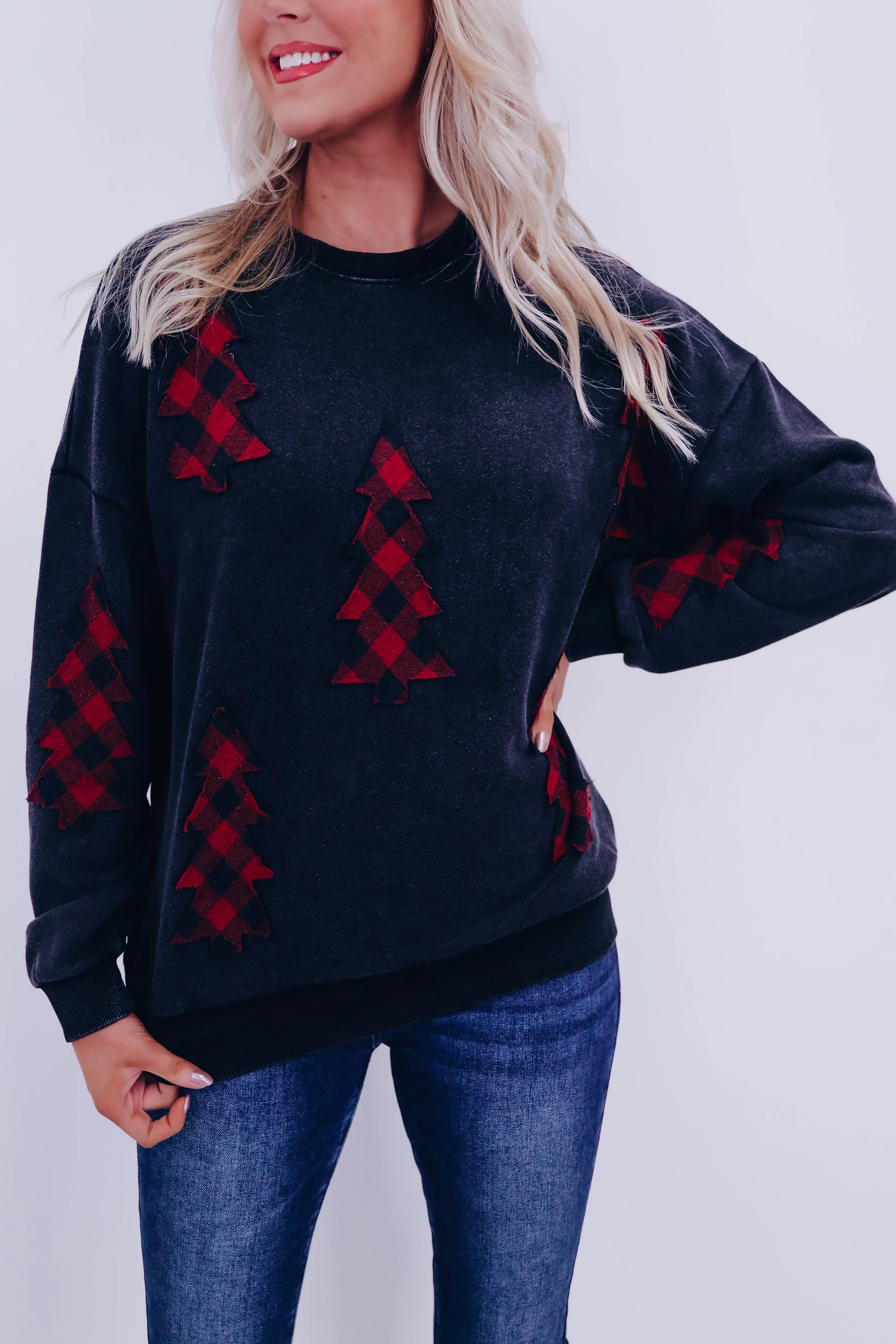 Buffalo Plaid Tree Patch Sweatshirt- Black
