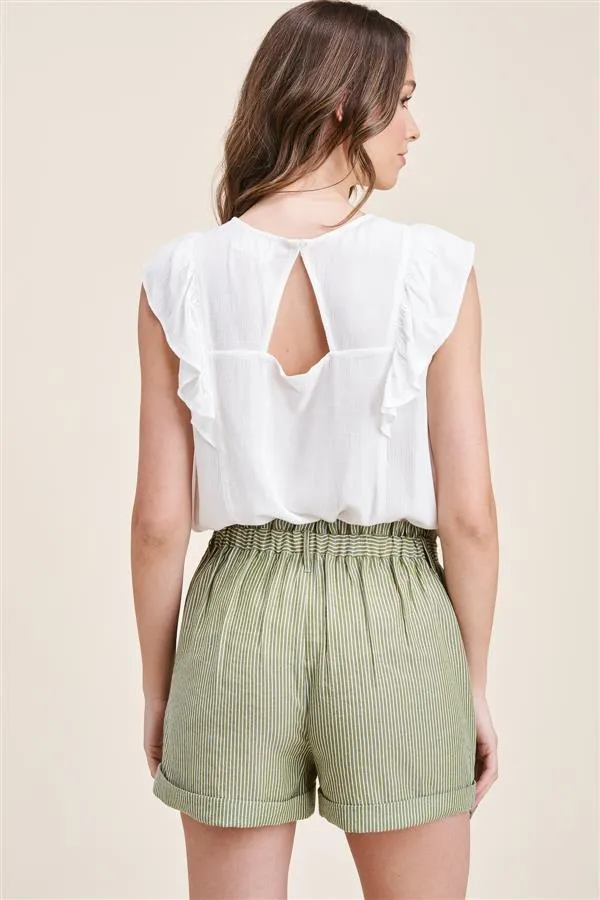 Button Detail Striped Shorts - Olive