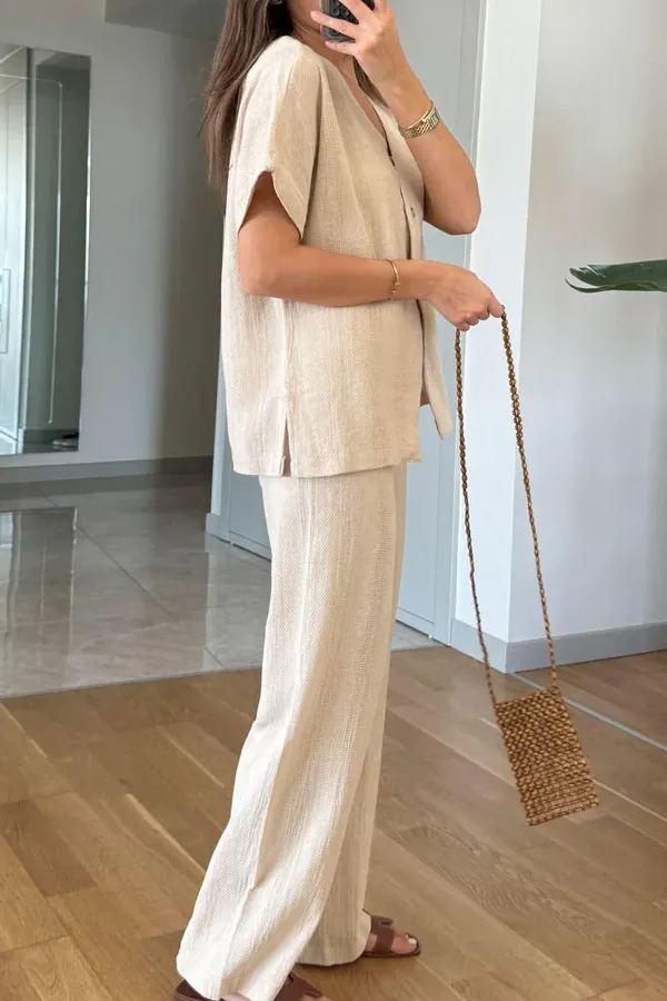 Casual V-Neck Short Sleeves & Pants Two-Piece Set