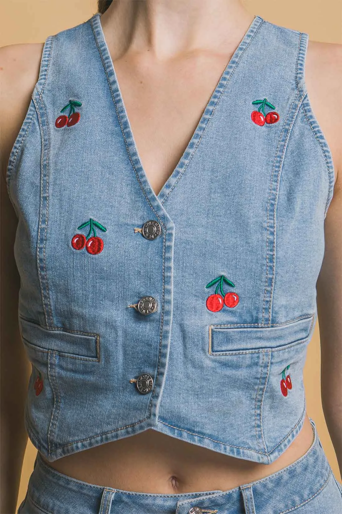 Cherry Light Denim Shorts Set