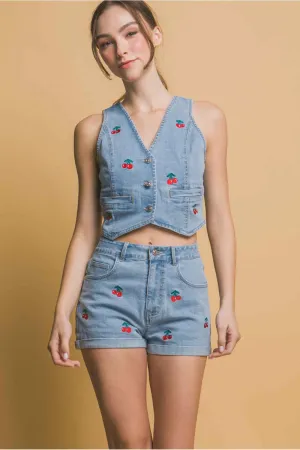 Cherry Light Denim Shorts Set