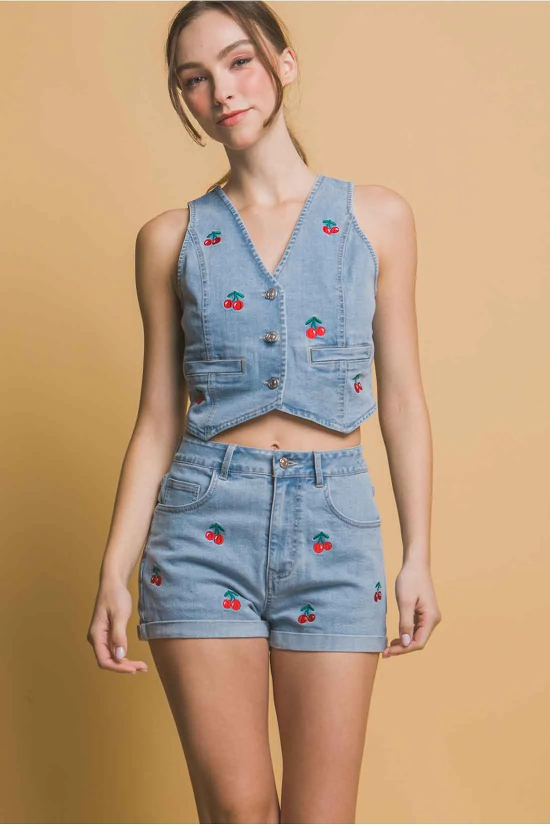 Cherry Light Denim Shorts Set