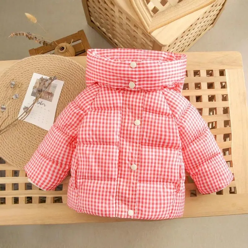 Children's Down Cotton-padded Jacket Winter Boys and Girls Plaid Cotton-padded Jacket Short Plush Jacket Hooded Cotton Jacket