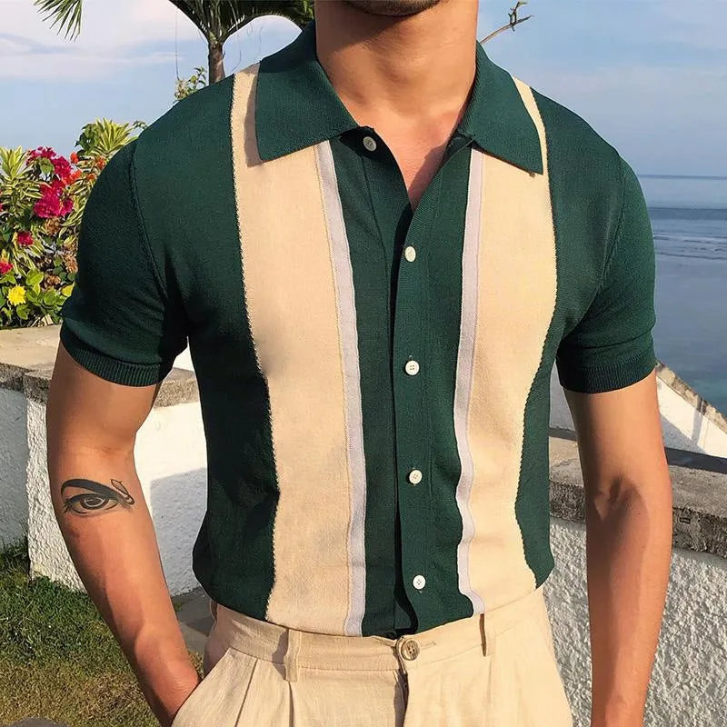 Color Stitching Men's Casual Pure Black Polo Shirt