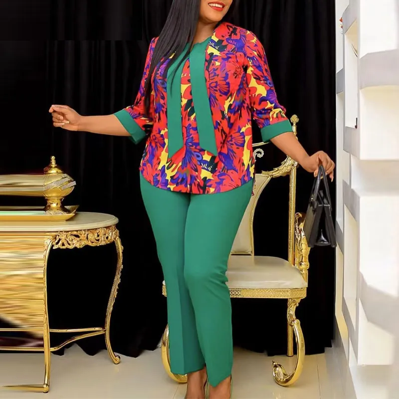 Colorblock Floral Print Top & Pants Set
