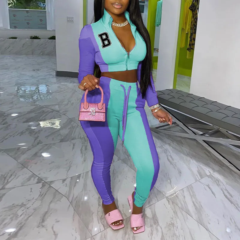 Colorful Long Sleeve Letter Print Crop Top & Pants Set