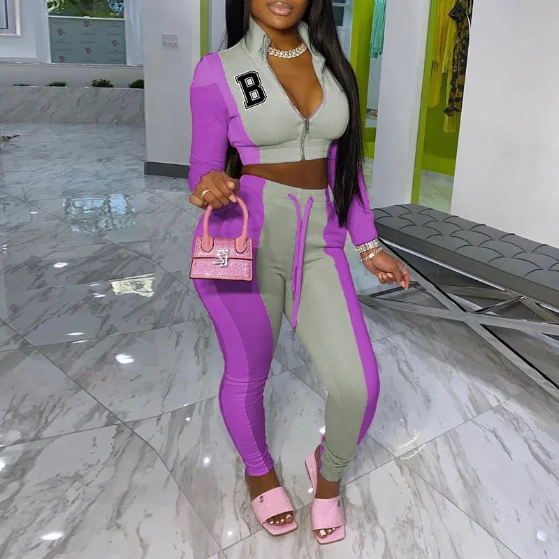 Colorful Long Sleeve Letter Print Crop Top & Pants Set