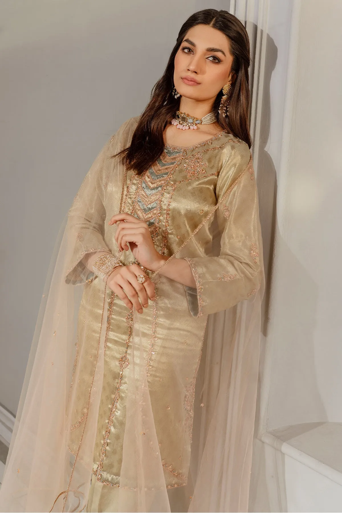 Copper Embroidered Pakistani Salwar Kameez with Dupatta Salwar Suit