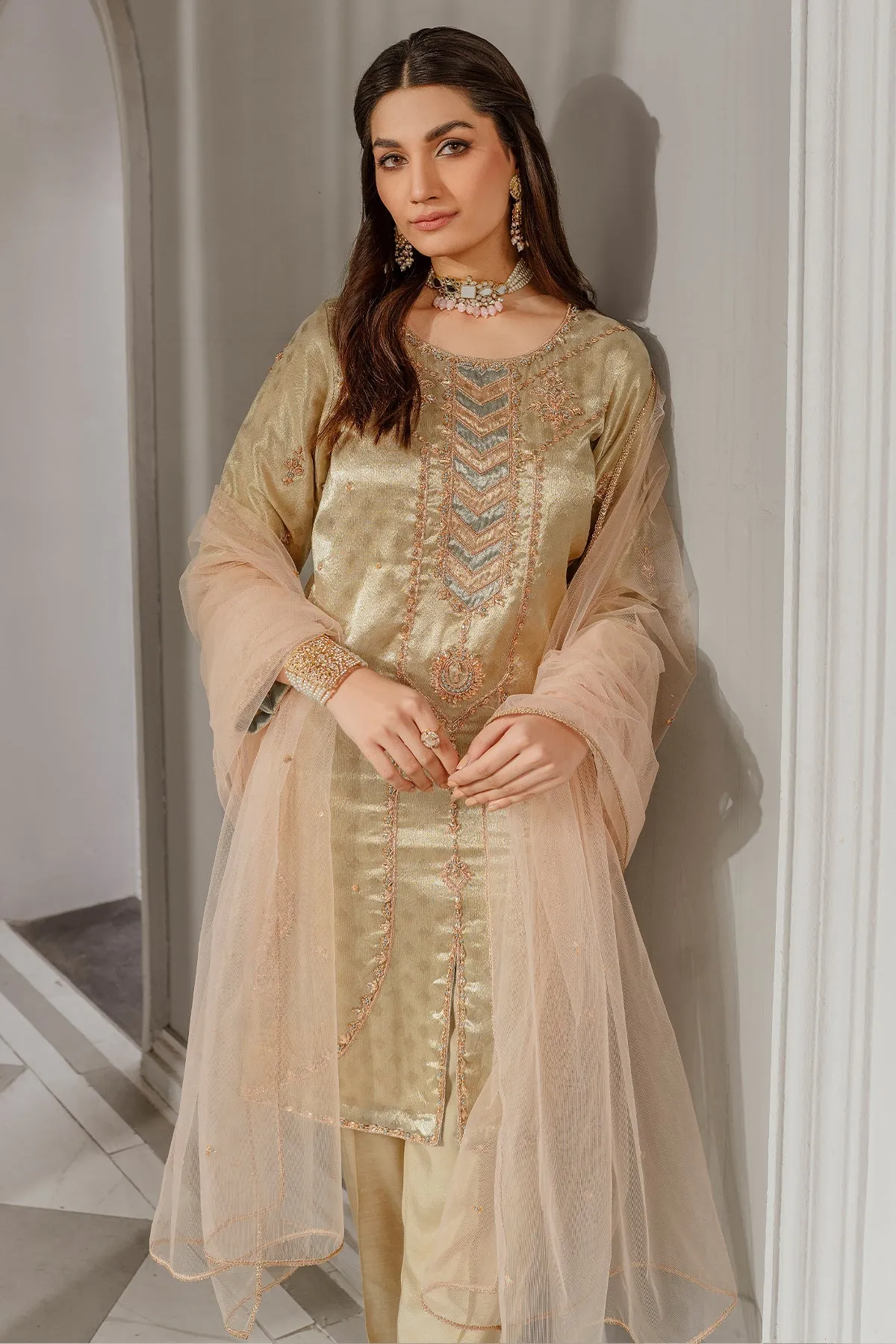Copper Embroidered Pakistani Salwar Kameez with Dupatta Salwar Suit