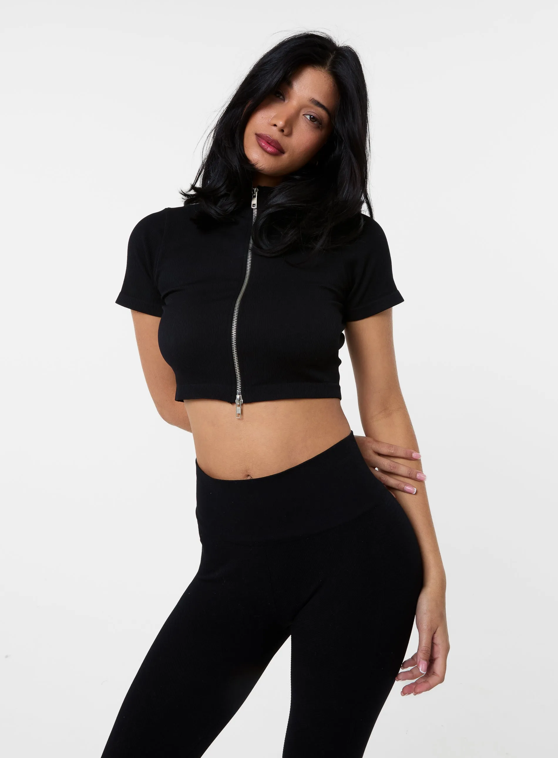 Double Zip Short Sleeve Rib Top