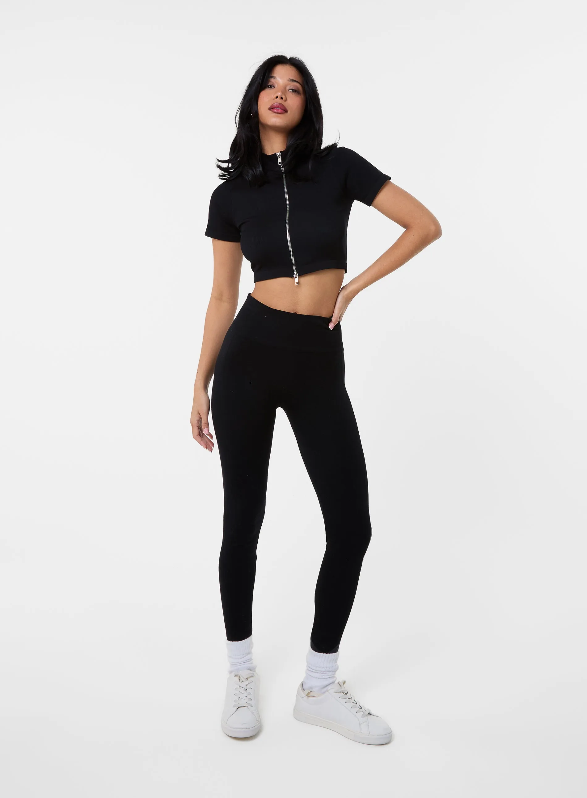 Double Zip Short Sleeve Rib Top