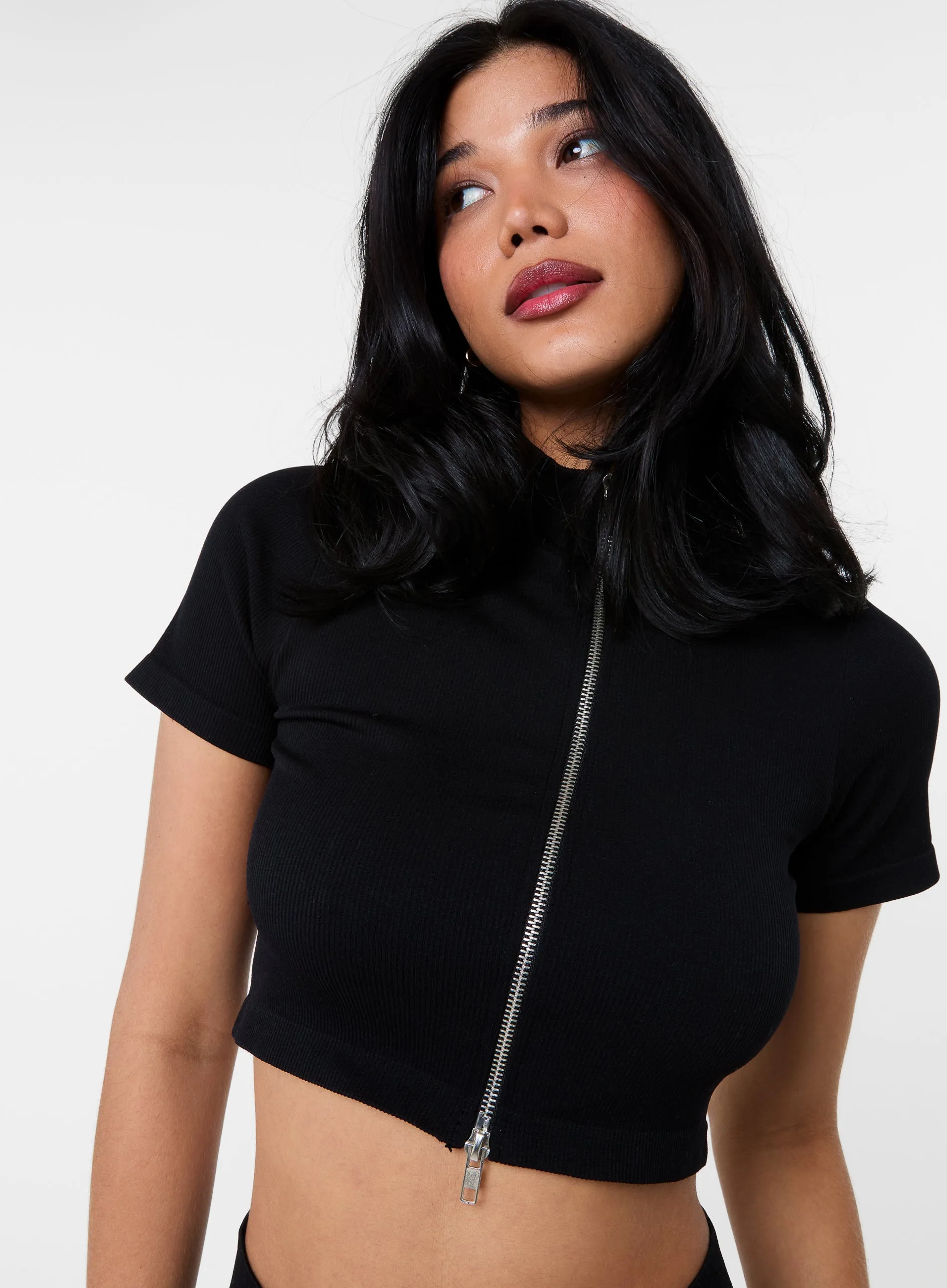 Double Zip Short Sleeve Rib Top