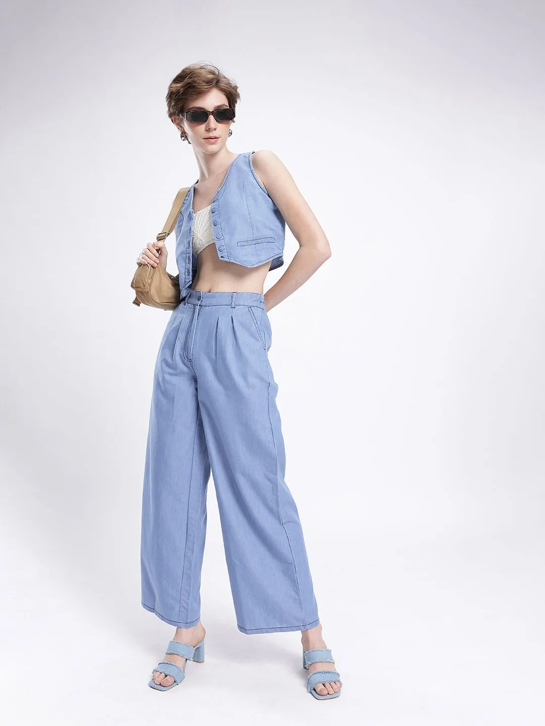 DressBerry Urban Chic Chambray Crop Waistcoat Top With Relaxed Trousers