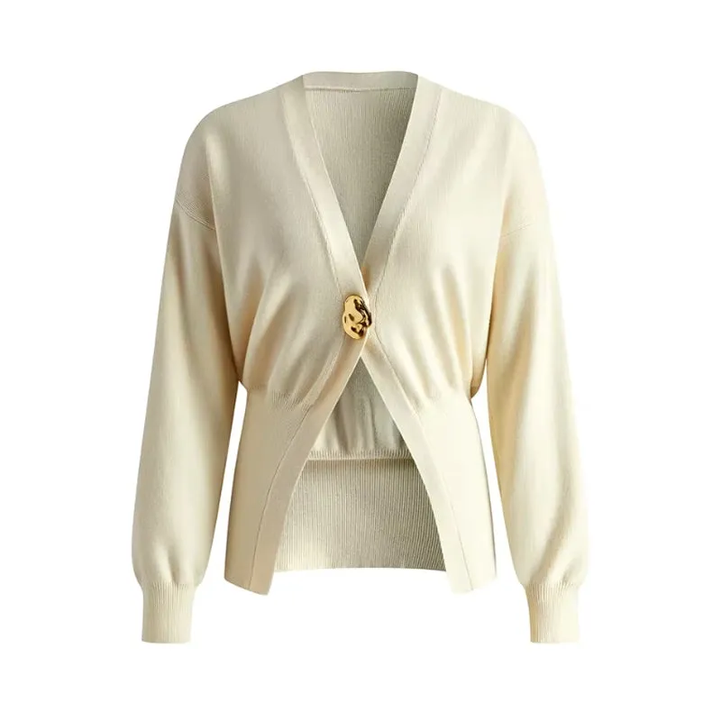 Elegant Women's V-Neck Long Sleeve Cardigan with Gold Buttons