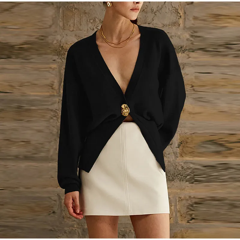 Elegant Women's V-Neck Long Sleeve Cardigan with Gold Buttons