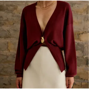 Elegant Women's V-Neck Long Sleeve Cardigan with Gold Buttons