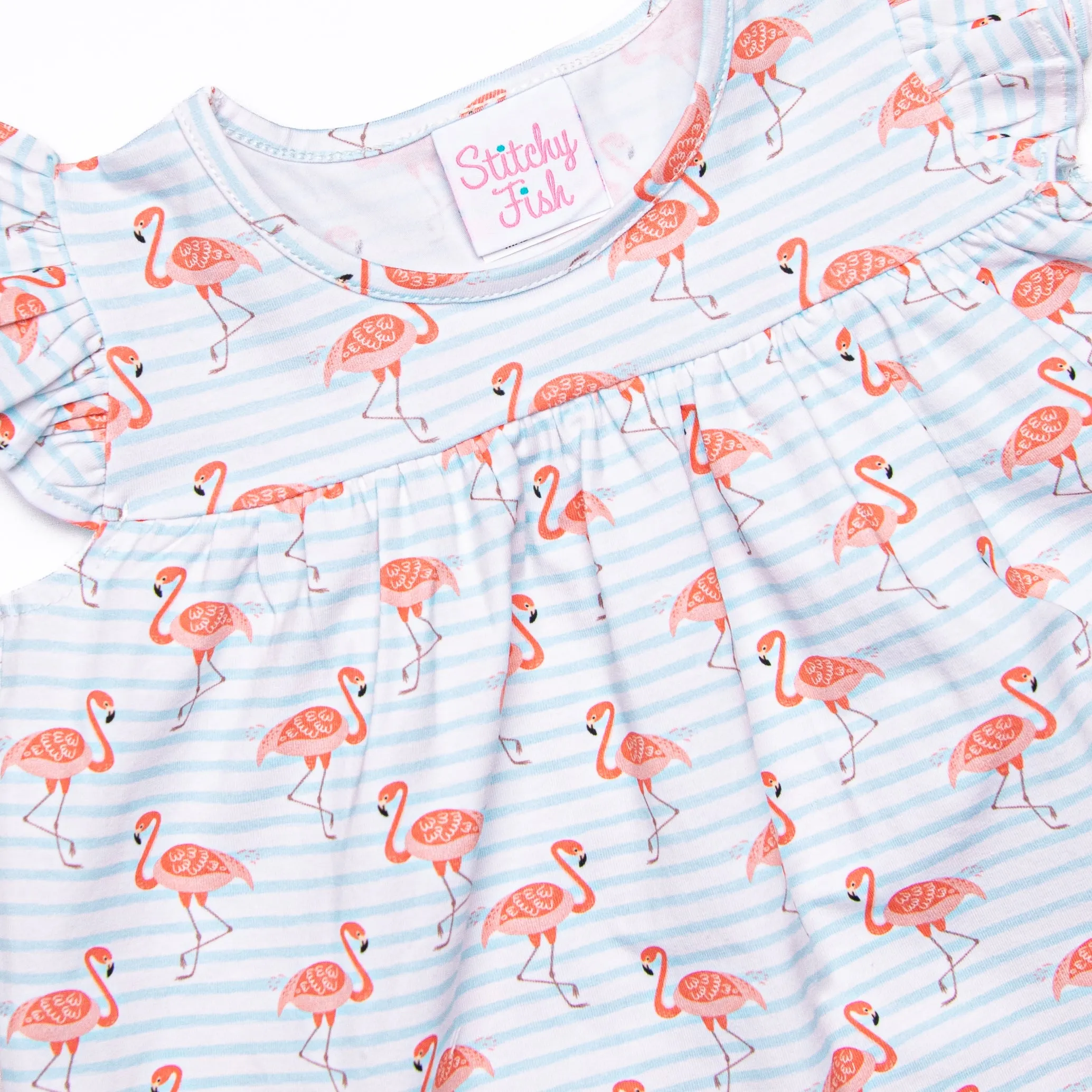 Fab Flamingos Ruffle Short Set, Blue