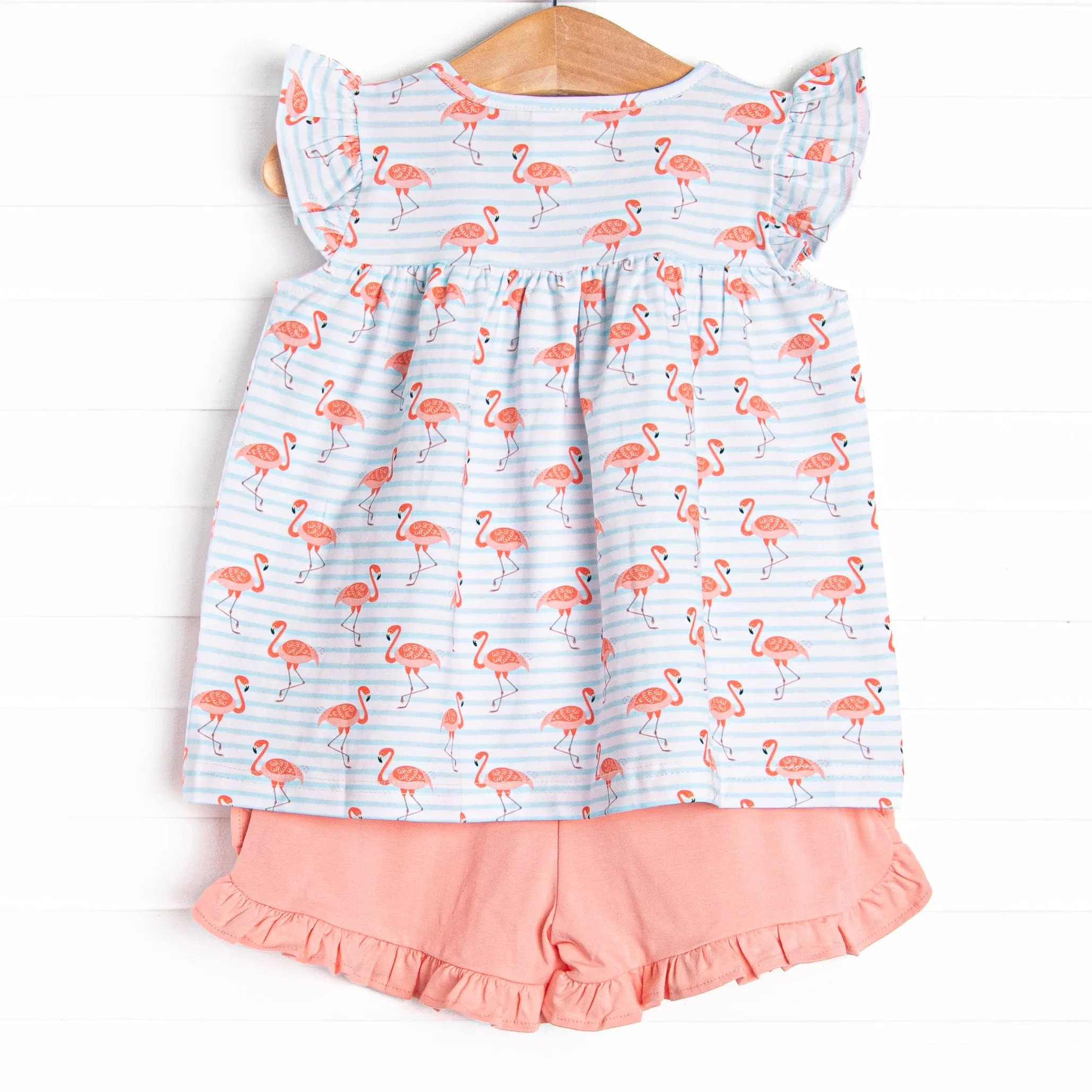 Fab Flamingos Ruffle Short Set, Blue