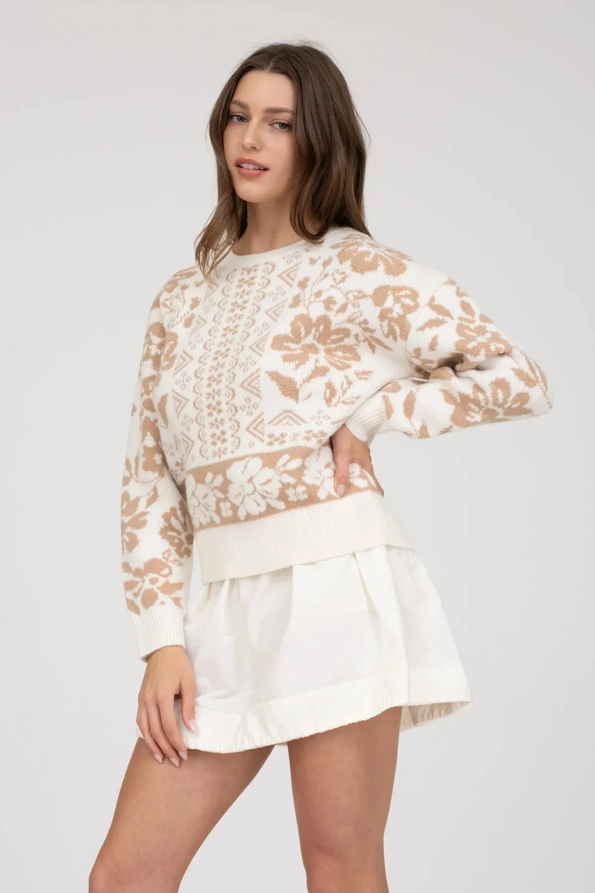 Geo Floral Print Sweater - Cream