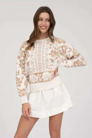 Geo Floral Print Sweater - Cream