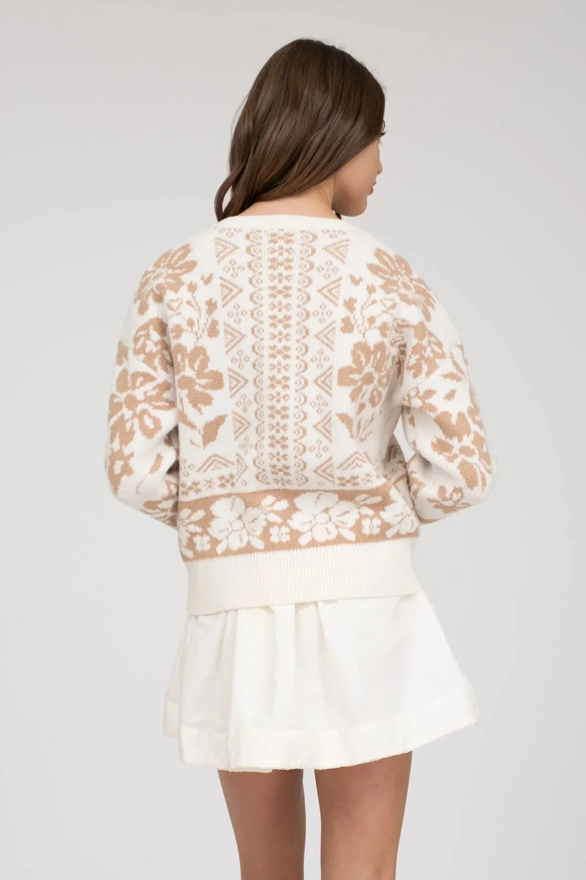 Geo Floral Print Sweater - Cream