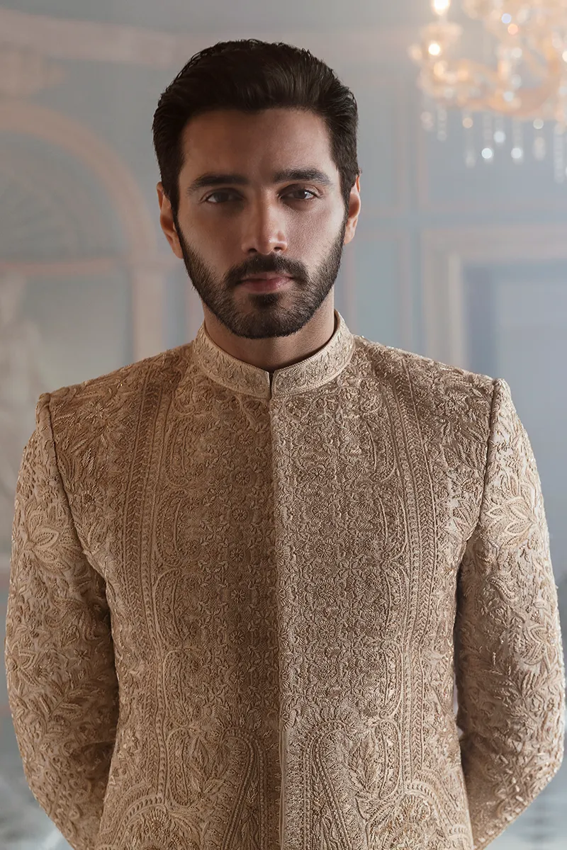Hand-Embroidered Mens Groom Sherwani in Jamawar Fabric